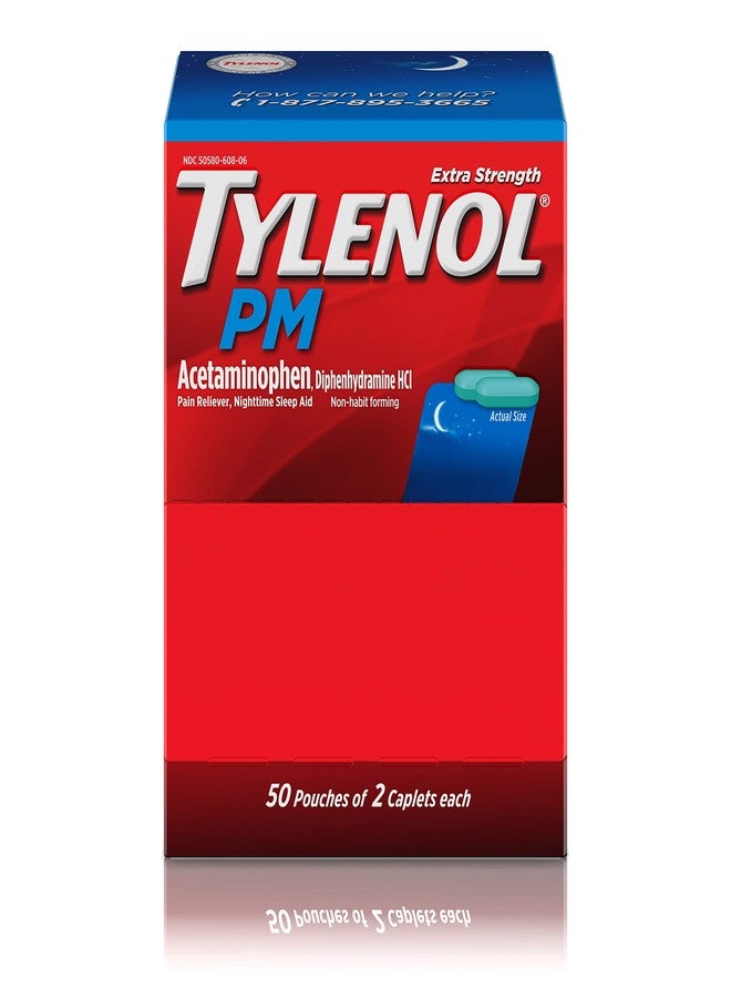 Tylenol PM Extra Strength, 50 Pouches of 2 Caplets, Dispenser Box (Pack of 2) - Image 1